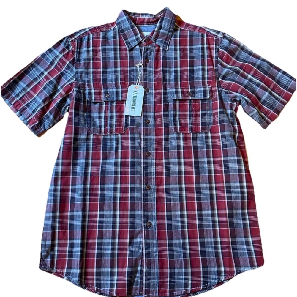 🆕Outdoor life mens rust/blue short sleeve casual button down lined shirt size M